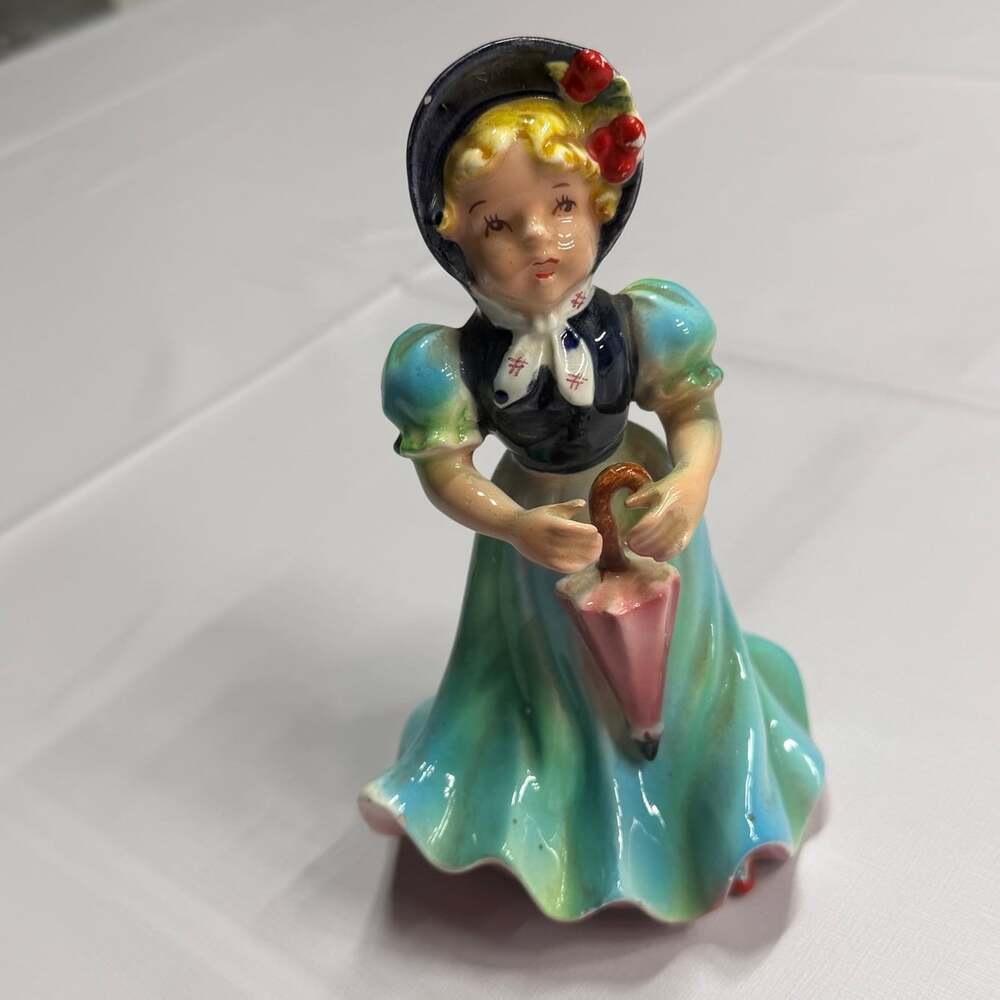 Vintage Ucagco Girl In Teal Bonnet Umbrella Glossy Porcelain Figurine  Japan*